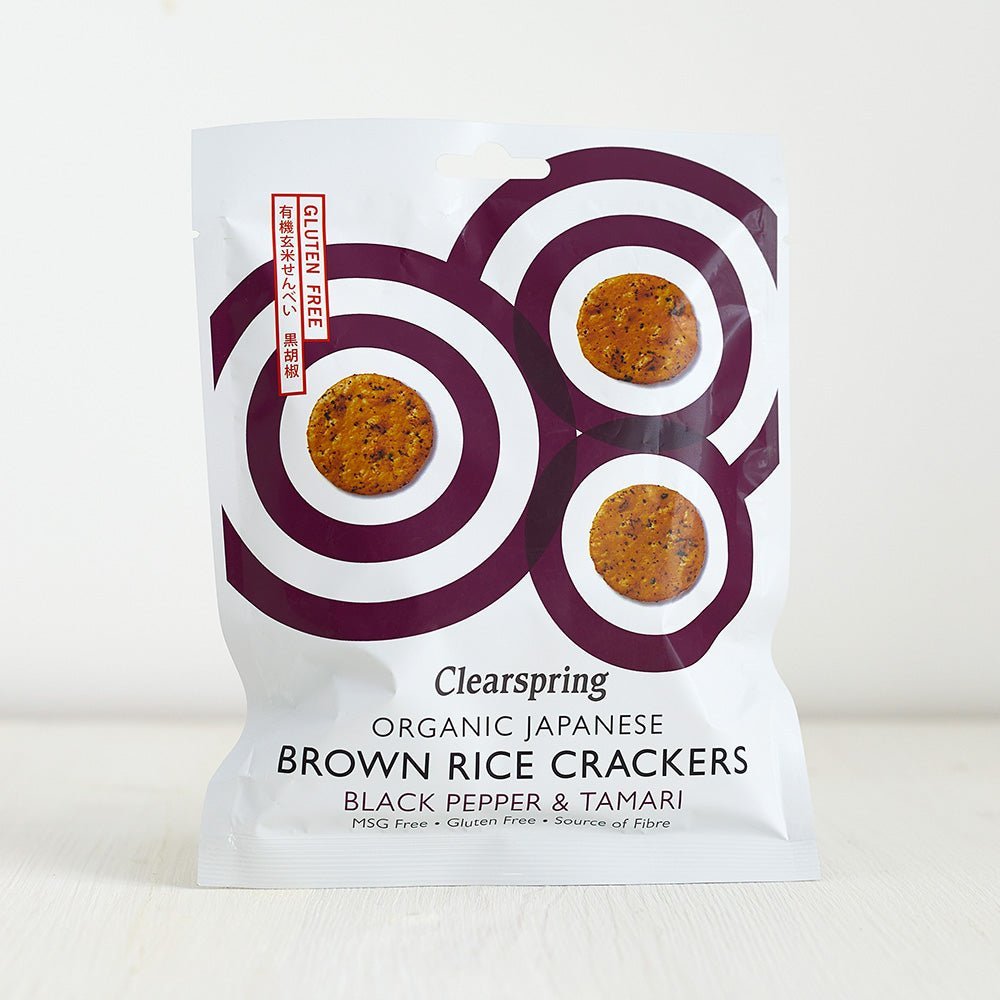 Japanese Brown Rice Crackers Black Pepper & Tamari 40g - Eco Natural Products - Clearspring - Brown Rice Crackers