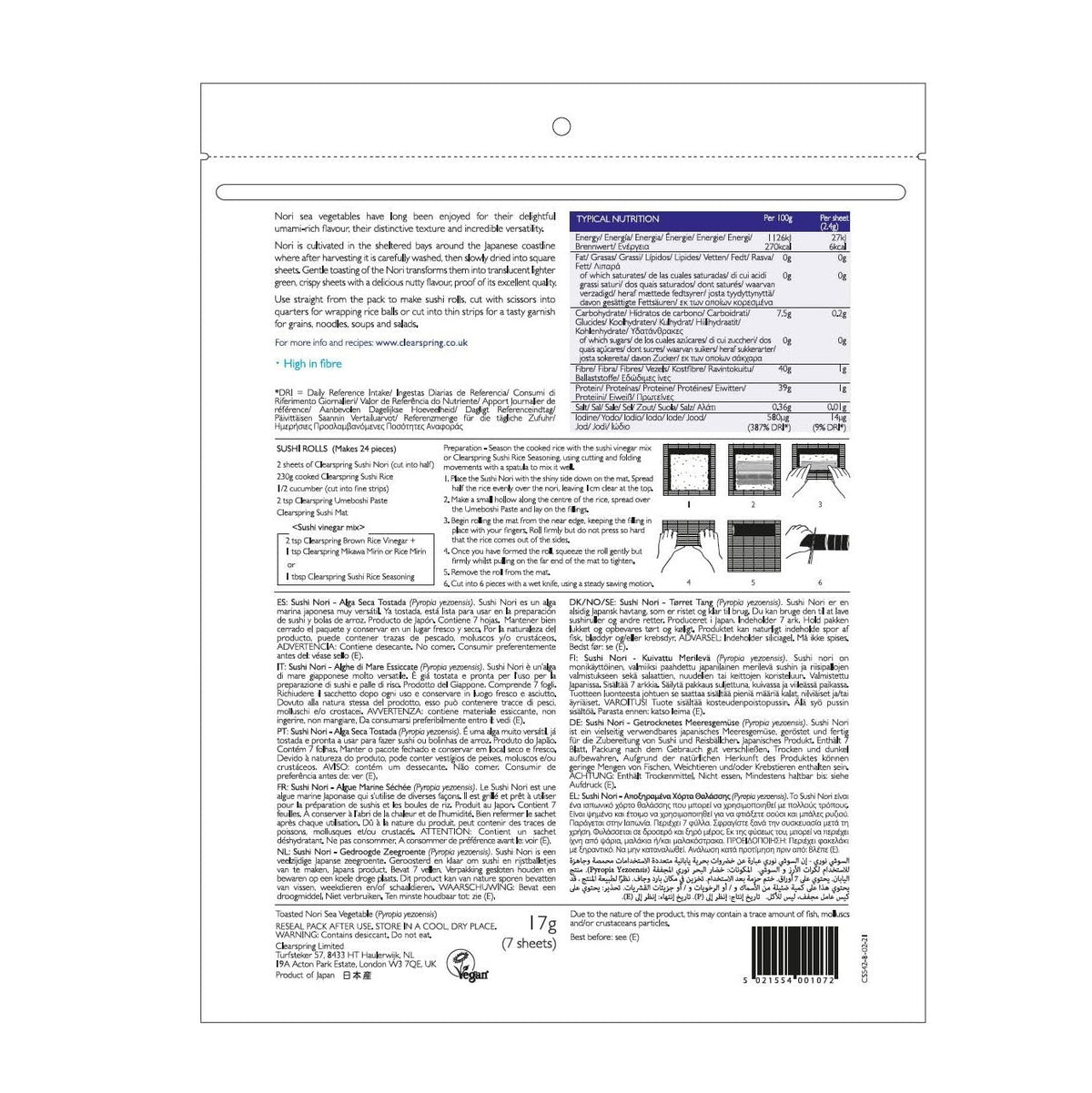 Japanese Sushi Nori Dried Sea Vegetable 17g - Clearspring - Dried Sea Vegetable - Eco Natural Products