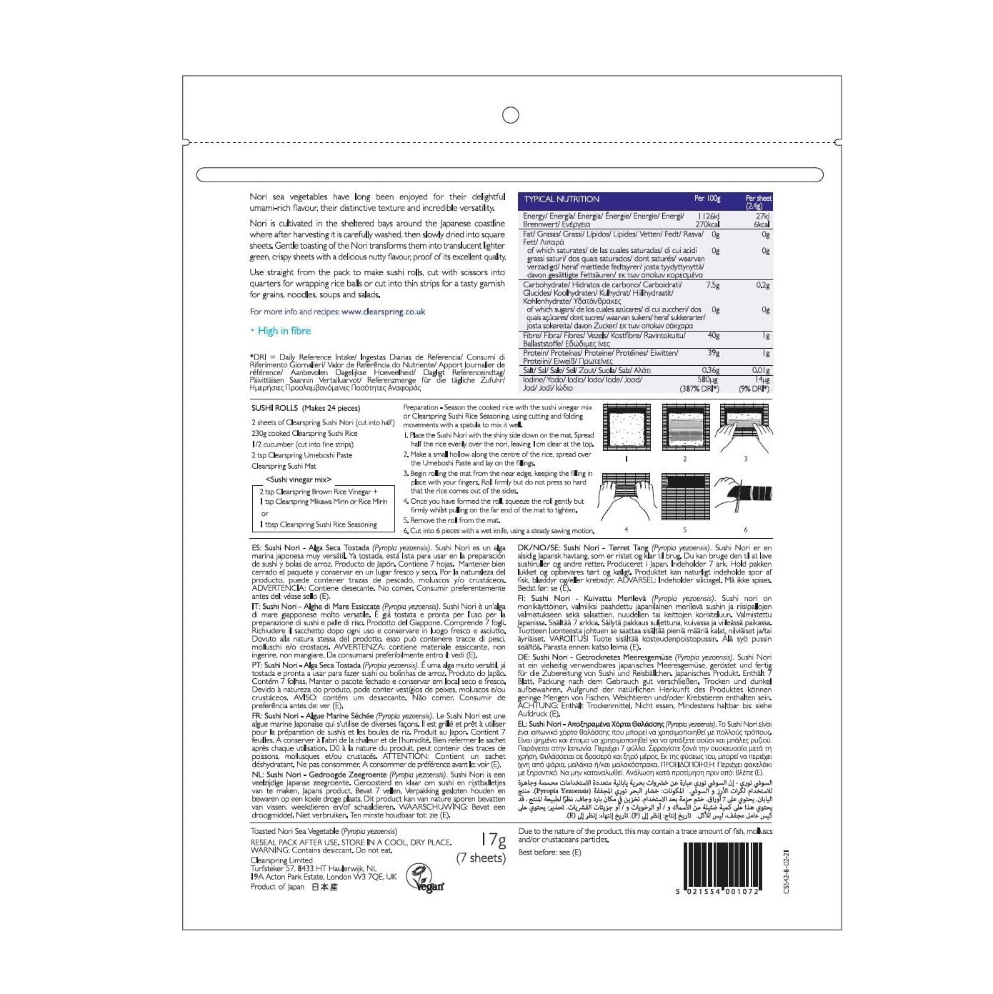 Japanese Sushi Nori Dried Sea Vegetable 17g - Clearspring - Dried Sea Vegetable - Eco Natural Products