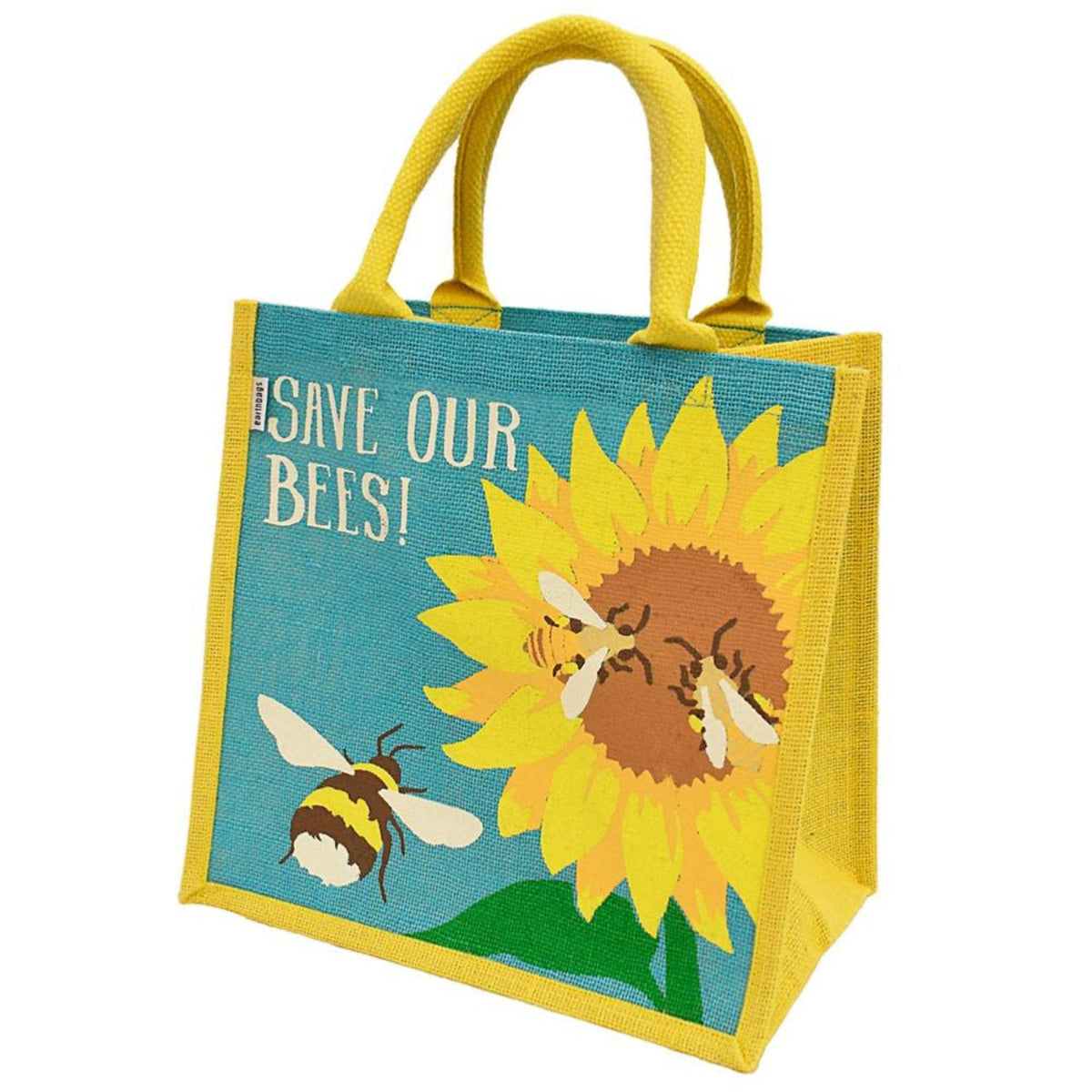 Shared Earth jute shopping bag with Save Our Bees print – eco-friendly, Fair Trade, sunflower and bee design.