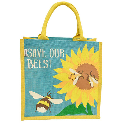 Biodegradable jute tote with bees and sunflowers – reusable, recyclable, and ethically handmade in India.