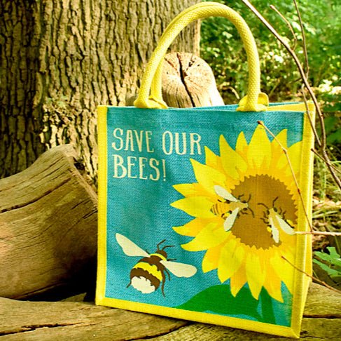 Eco shopping bag made from natural jute with Save Our Bees design – plastic-free and durable for groceries.