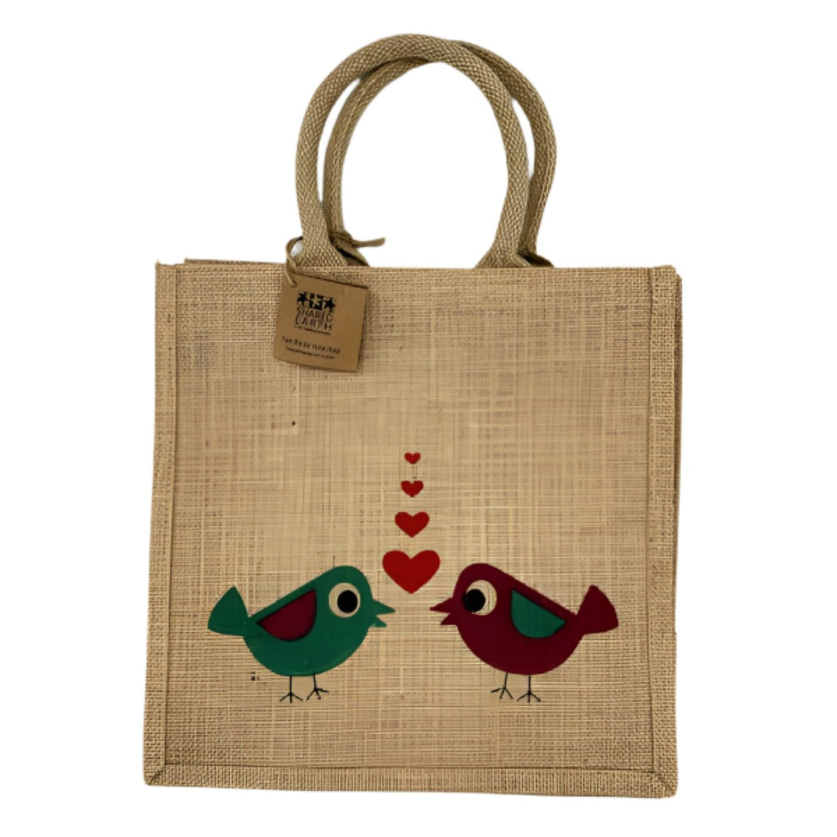 Natural jute shopping bag with love birds print – eco friendly, biodegradable and Fair Trade with padded handles.