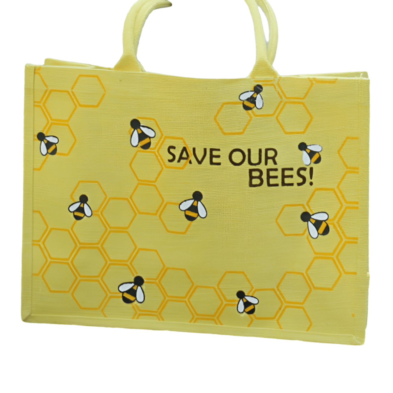 Save Our Bees jute shopping bag with cheerful bee design – plastic free, Fair Trade and made from biodegradable jute.