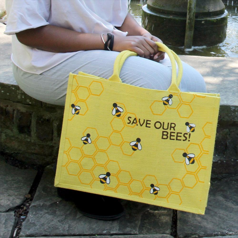 Eco jute tote bag featuring Save Our Bees print – recyclable, reusable and handmade in Kolkata.