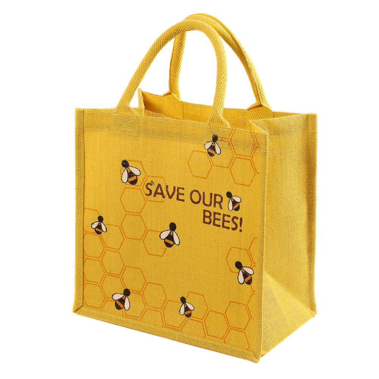 Yellow jute shopping bag with Save Our Bees print and cheerful bee design – biodegradable, plastic free, and Fair Trade.