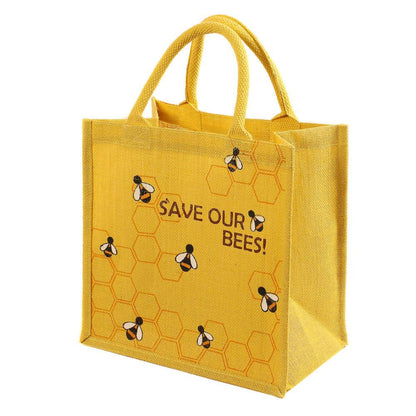 Yellow jute shopping bag with Save Our Bees print and cheerful bee design – biodegradable, plastic free, and Fair Trade.