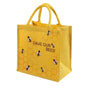 Yellow jute shopping bag with Save Our Bees print and cheerful bee design – biodegradable, plastic free, and Fair Trade.