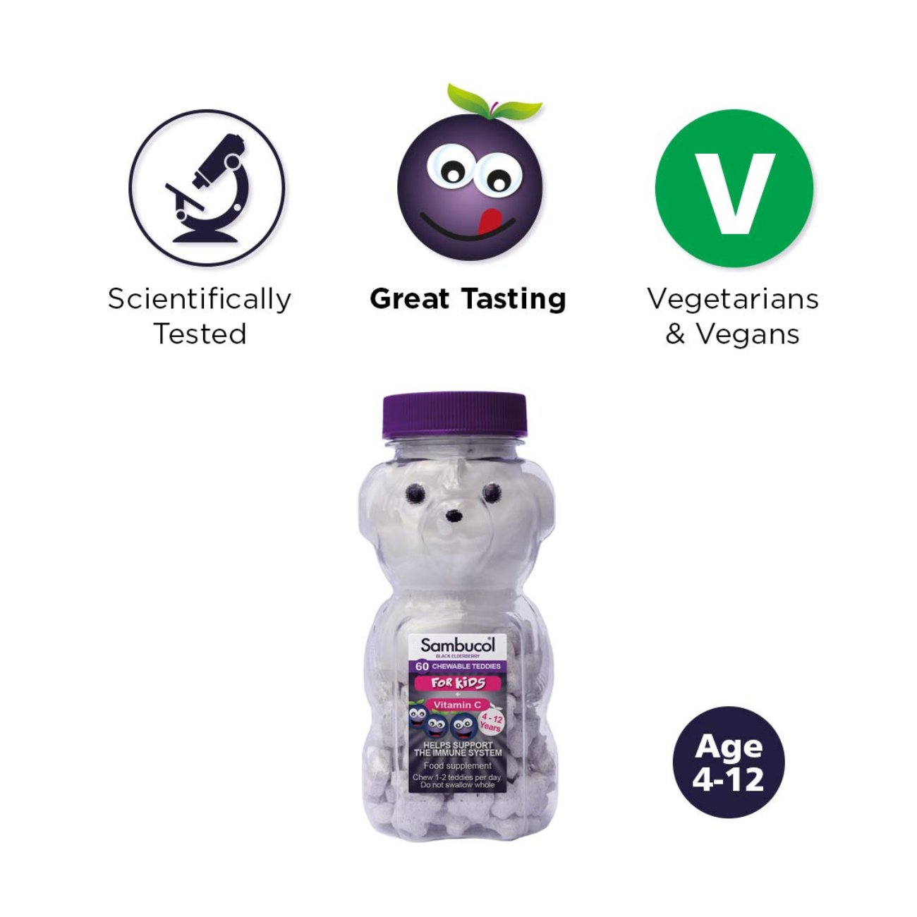 Kids Black Elderberry 60 Chewable Teddies - Sambucol - Food Supplement - Eco Natural Products