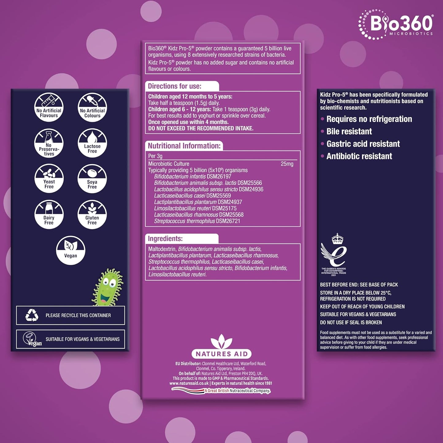 Kidz Pro - 5 Daily Microbiotic (1 - 12 Years) 90g - Natures Aid - Vitamins & Supplements - Eco Natural Products