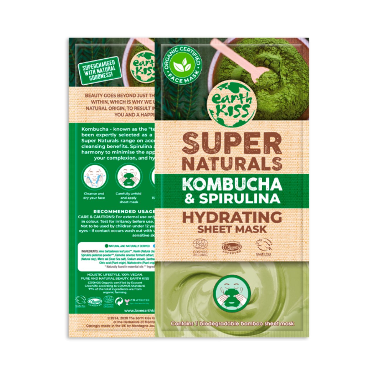 Kombucha and Spirulina Hydrating Sheet Mask 1 Sachet - Eco Natural Products - Earth Kiss - Skin Care Masks & Peels