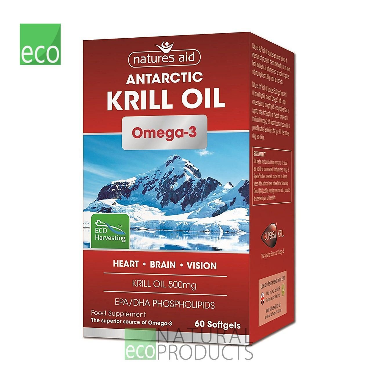 Krill Oil Omega 3 60 Softgels - Eco Natural Products - Natures Aid - Food Supplement