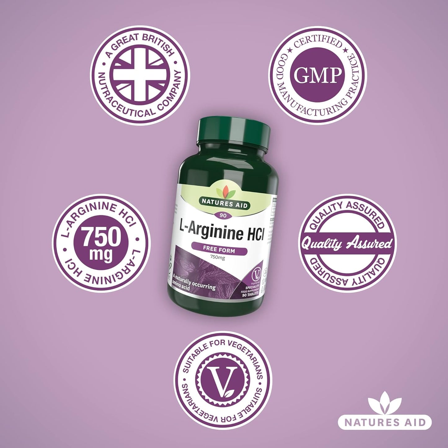 L Arginine HCl 750mg 90 Capsules - Natures Aid - Vitamins & Supplements - Eco Natural Products