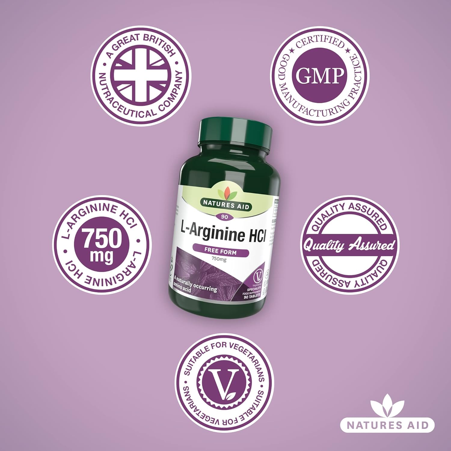 L Arginine HCl 750mg 90 Capsules - Natures Aid - Vitamins & Supplements - Eco Natural Products