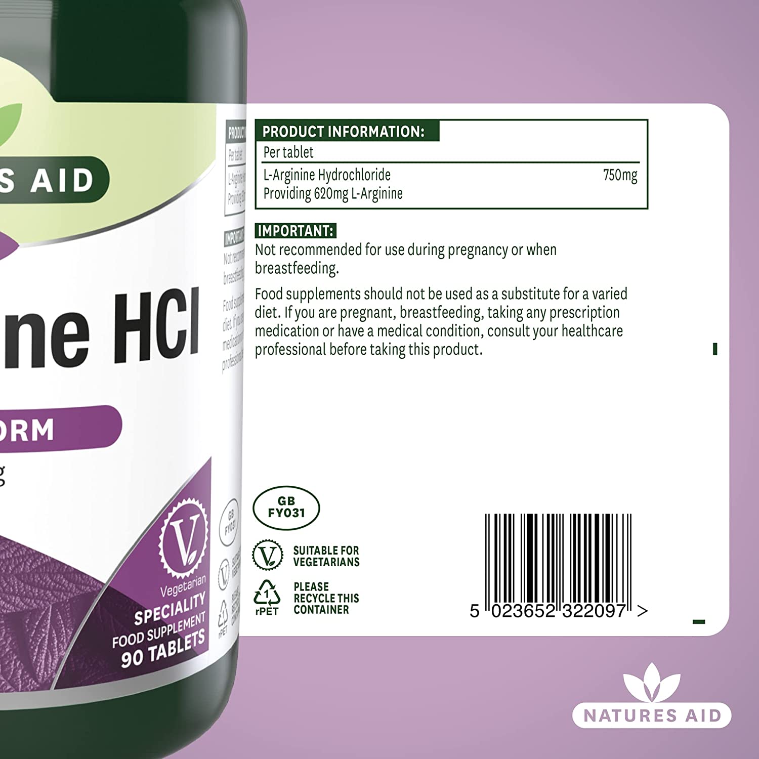 L Arginine HCl 750mg 90 Capsules - Natures Aid - Vitamins & Supplements - Eco Natural Products