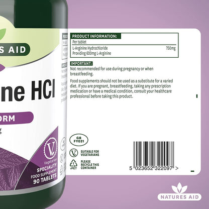 L Arginine HCl 750mg 90 Capsules - Natures Aid - Vitamins & Supplements - Eco Natural Products