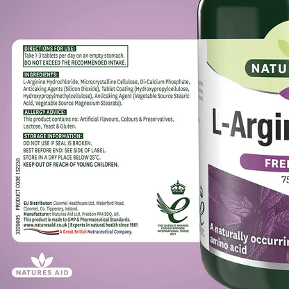 L Arginine HCl 750mg 90 Capsules - Natures Aid - Vitamins & Supplements - Eco Natural Products