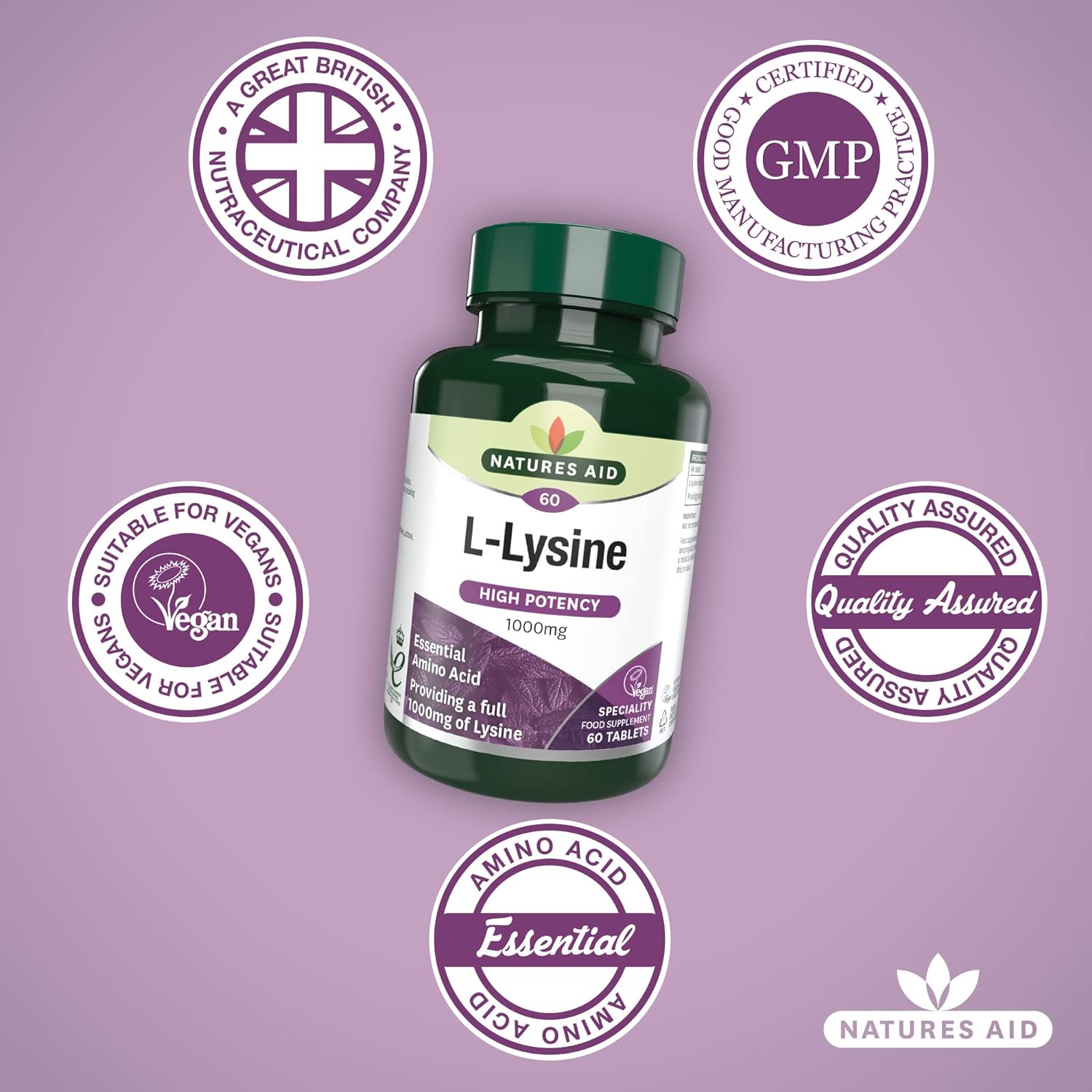 L Lysine 1000mg 60 Tablets BBE.06.2024 - Eco Natural Products - Natures Aid - Vitamins & Supplements