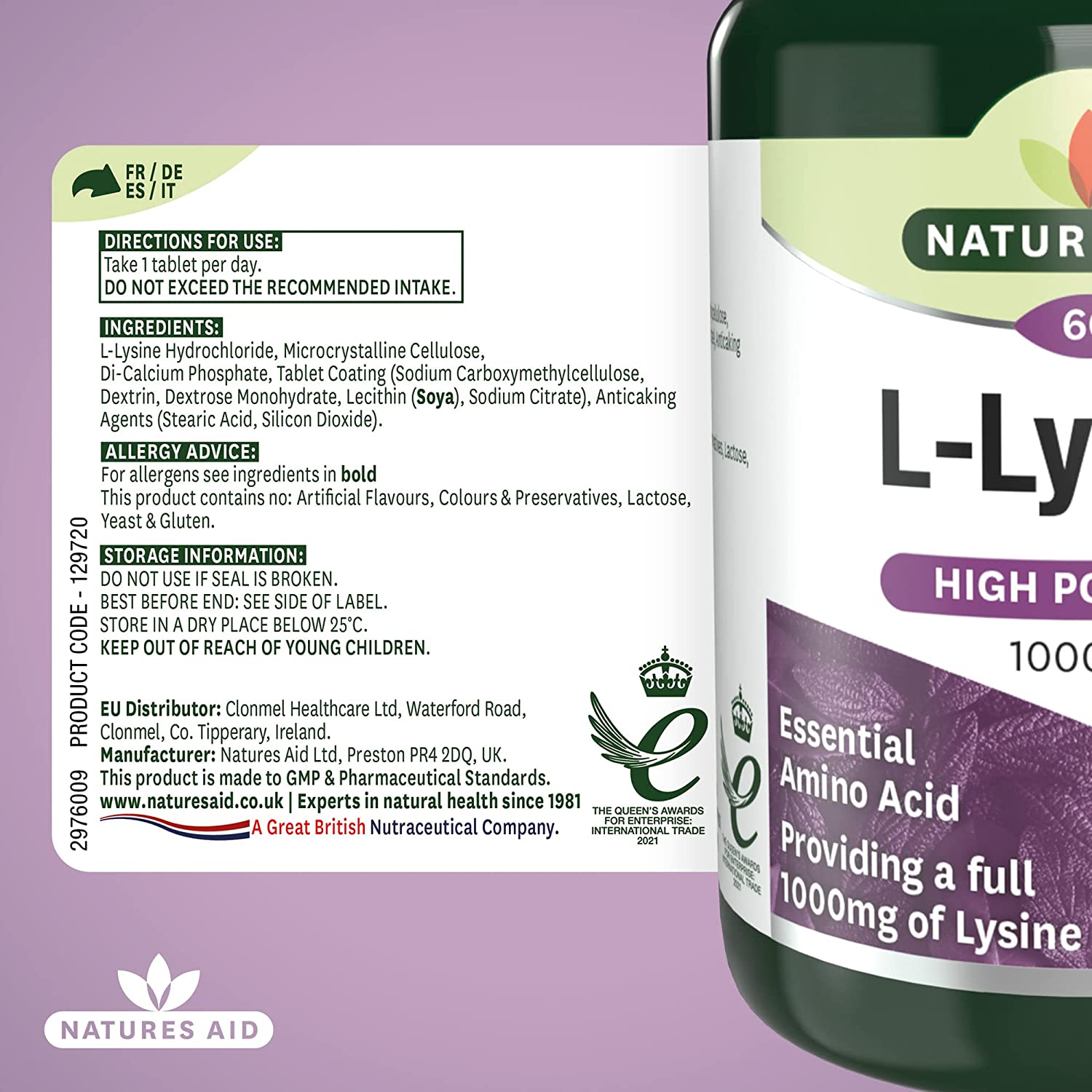 L Lysine 1000mg 60 Tablets - Natures Aid - Vitamins & Supplements - Eco Natural Products