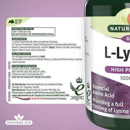 L Lysine 1000mg 60 Tablets - Natures Aid - Vitamins & Supplements - Eco Natural Products