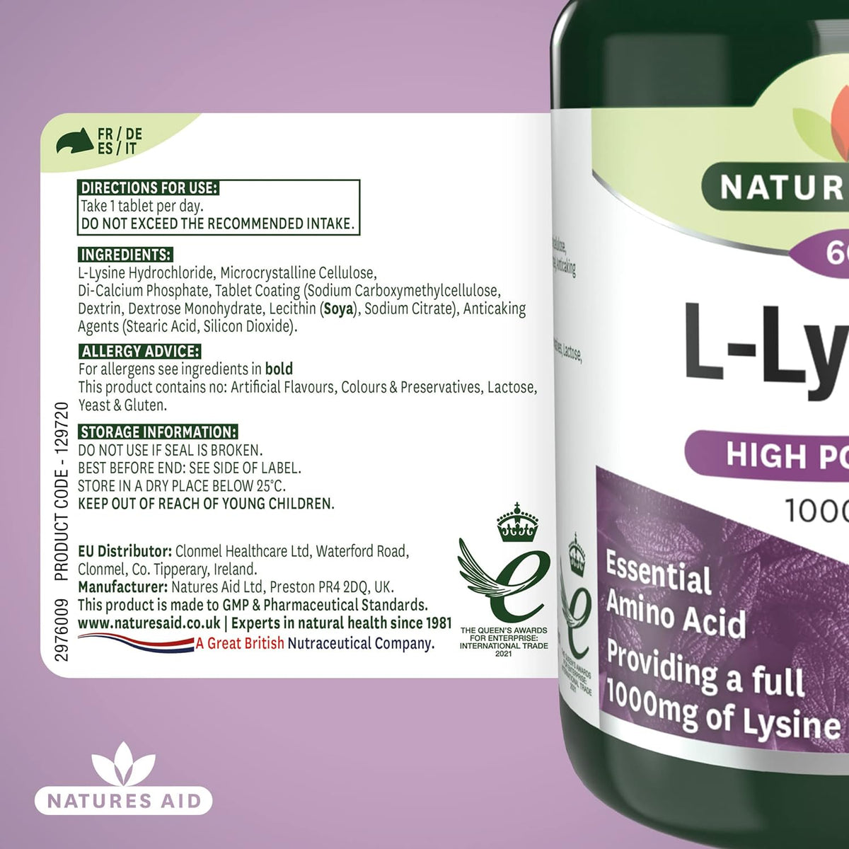 L Lysine 1000mg 60 Tablets - Natures Aid - Vitamins & Supplements - Eco Natural Products