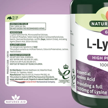 L Lysine 1000mg 60 Tablets - Natures Aid - Vitamins & Supplements - Eco Natural Products