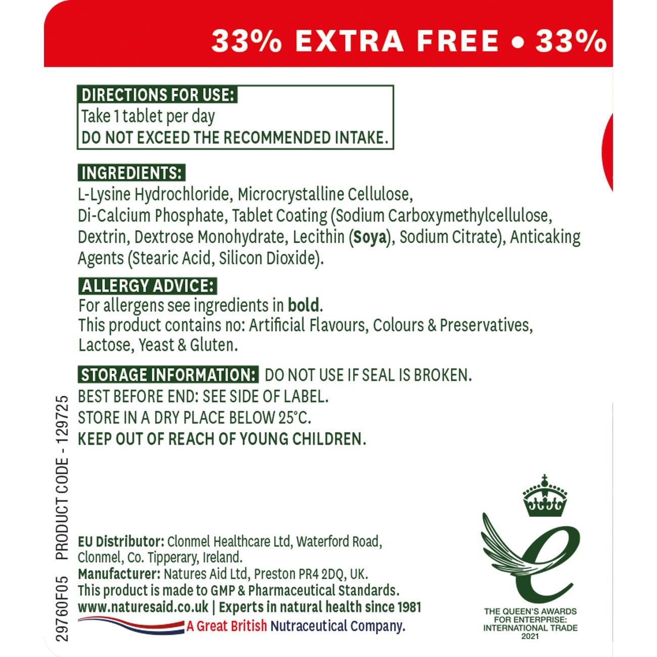 L Lysine 1000mg 80 (60+20) Tablets - Natures Aid - Food Supplement - Natures Aid