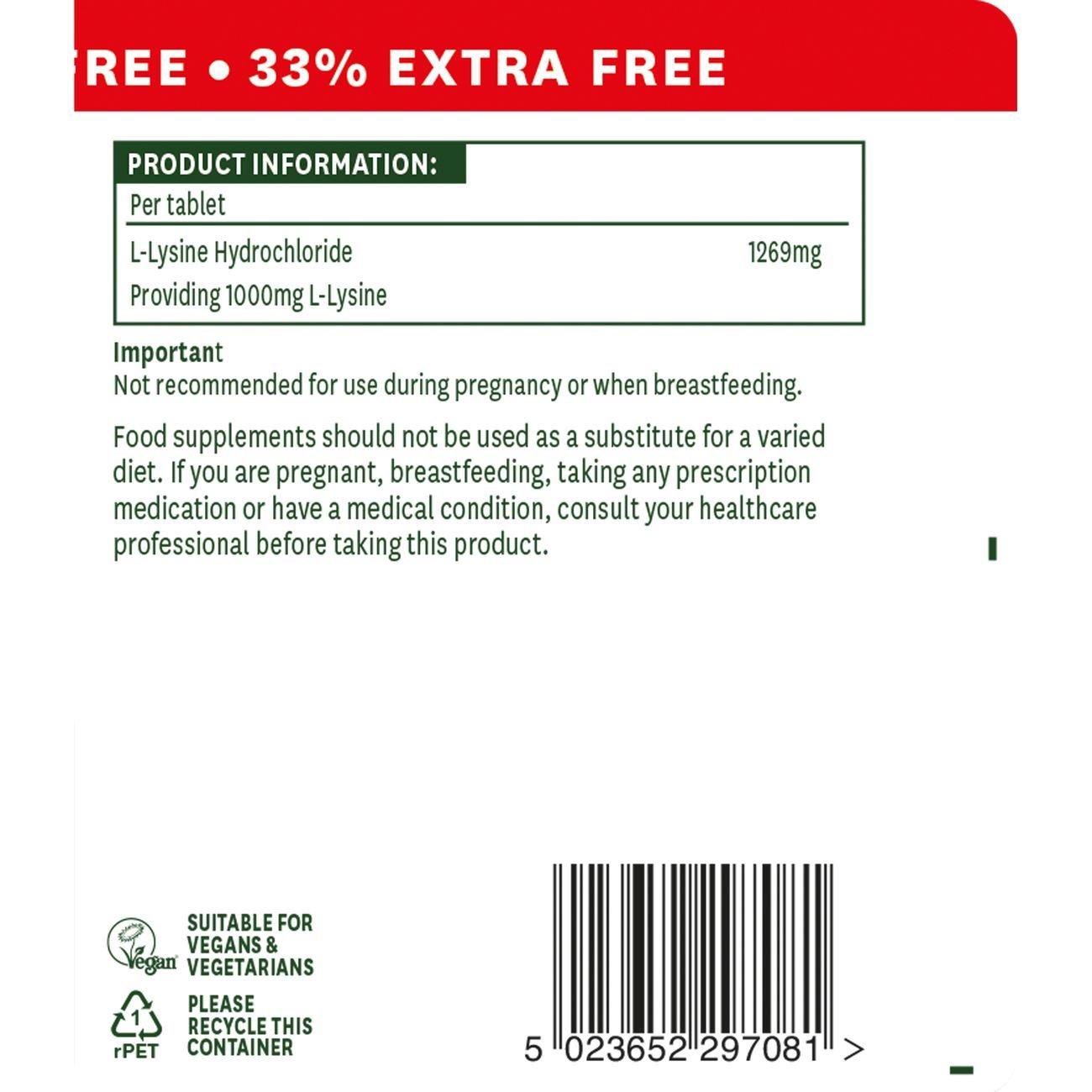 L Lysine 1000mg 80 (60+20) Tablets - Natures Aid - Food Supplement - Natures Aid