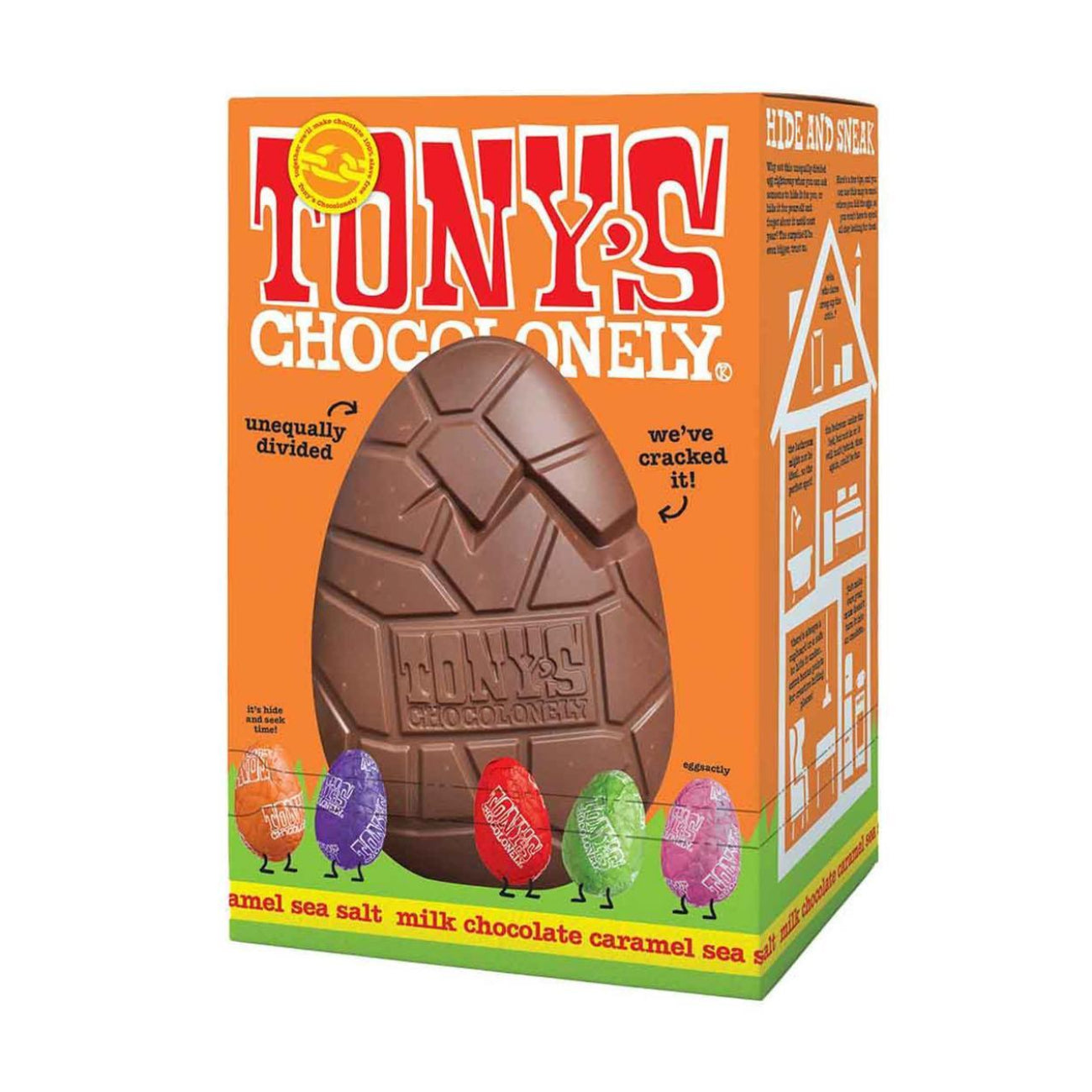 Tony's Chocolonely Large Milk Caramel Sea Salt Egg & Mini Eggs 242g side 3 packaging