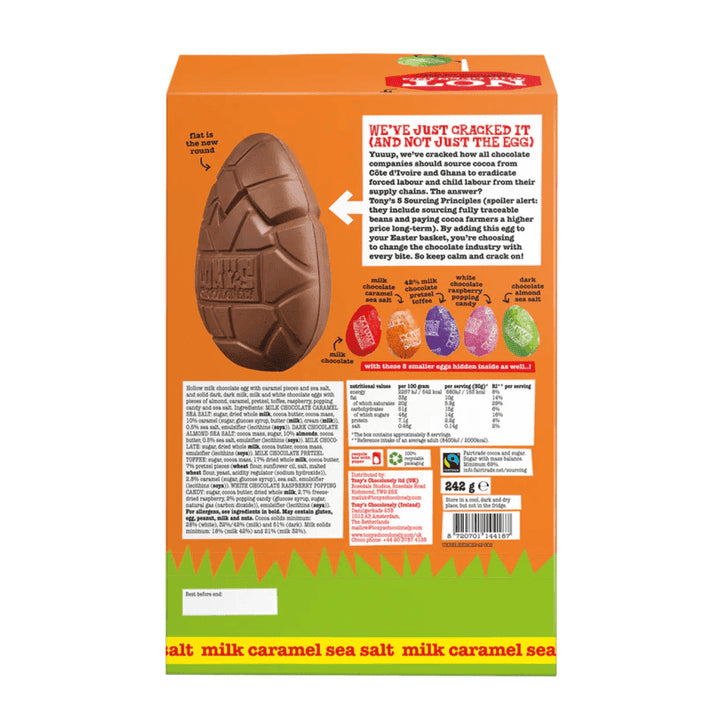 Tony's Chocolonely Large Milk Caramel Sea Salt Egg & Mini Eggs 242g back packaging