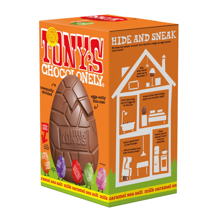 Tony's Chocolonely Large Milk Caramel Sea Salt Egg & Mini Eggs 242g side 2 packaging