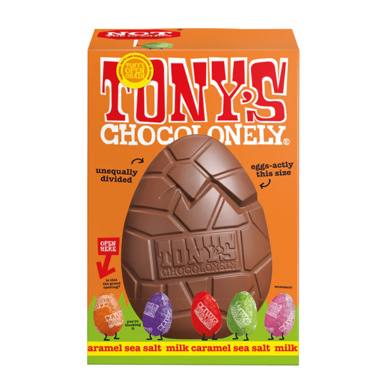 Tony's Chocolonely Large Milk Caramel Sea Salt Egg & Mini Eggs 242g front packaging