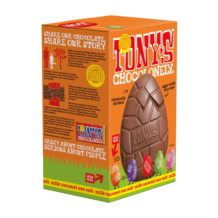 Tony's Chocolonely Large Milk Caramel Sea Salt Egg & Mini Eggs 242g side 1 packaging