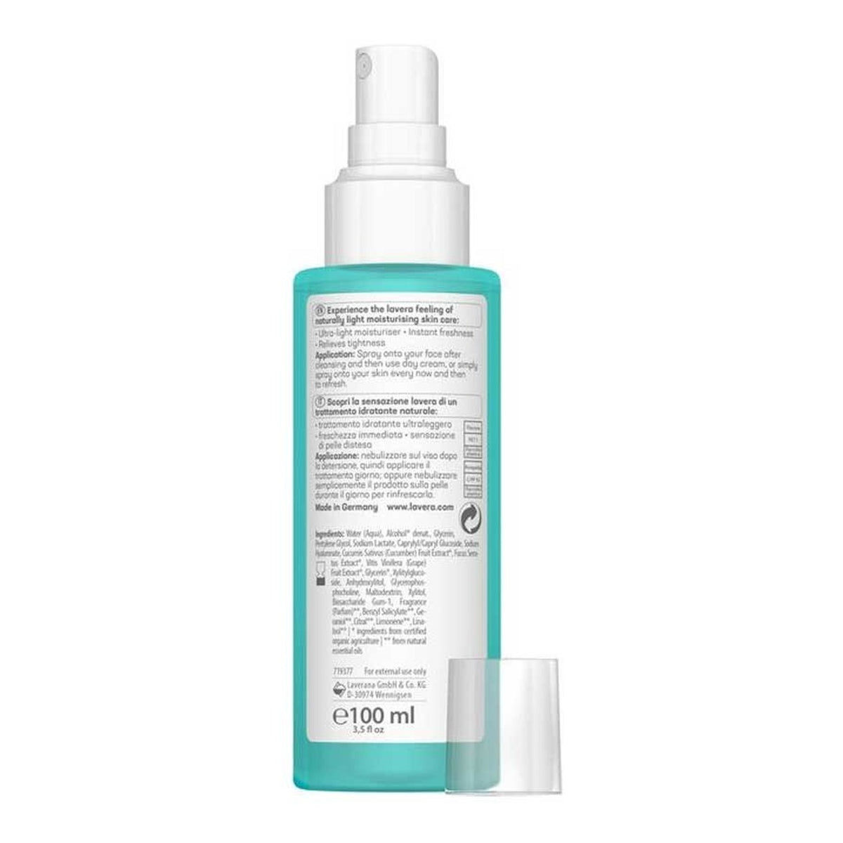 Lavera Organic Hydro Refresh Face Mist 100ml back of bottle with ingredients