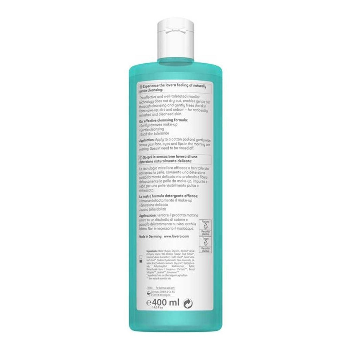 Lavera Organic Hydro Refresh Micellar Cleansing Water 400ml back of bottle with ingredients
