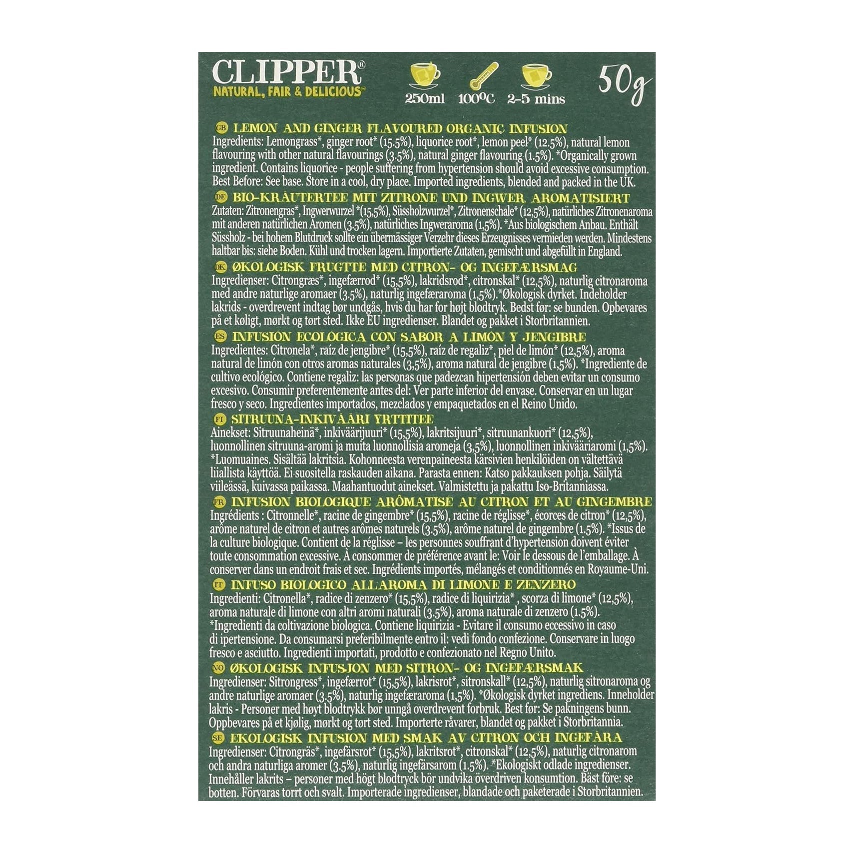 Lemon Ginger Infusion 20 Bags - Eco Natural Products - Clipper - Infusion