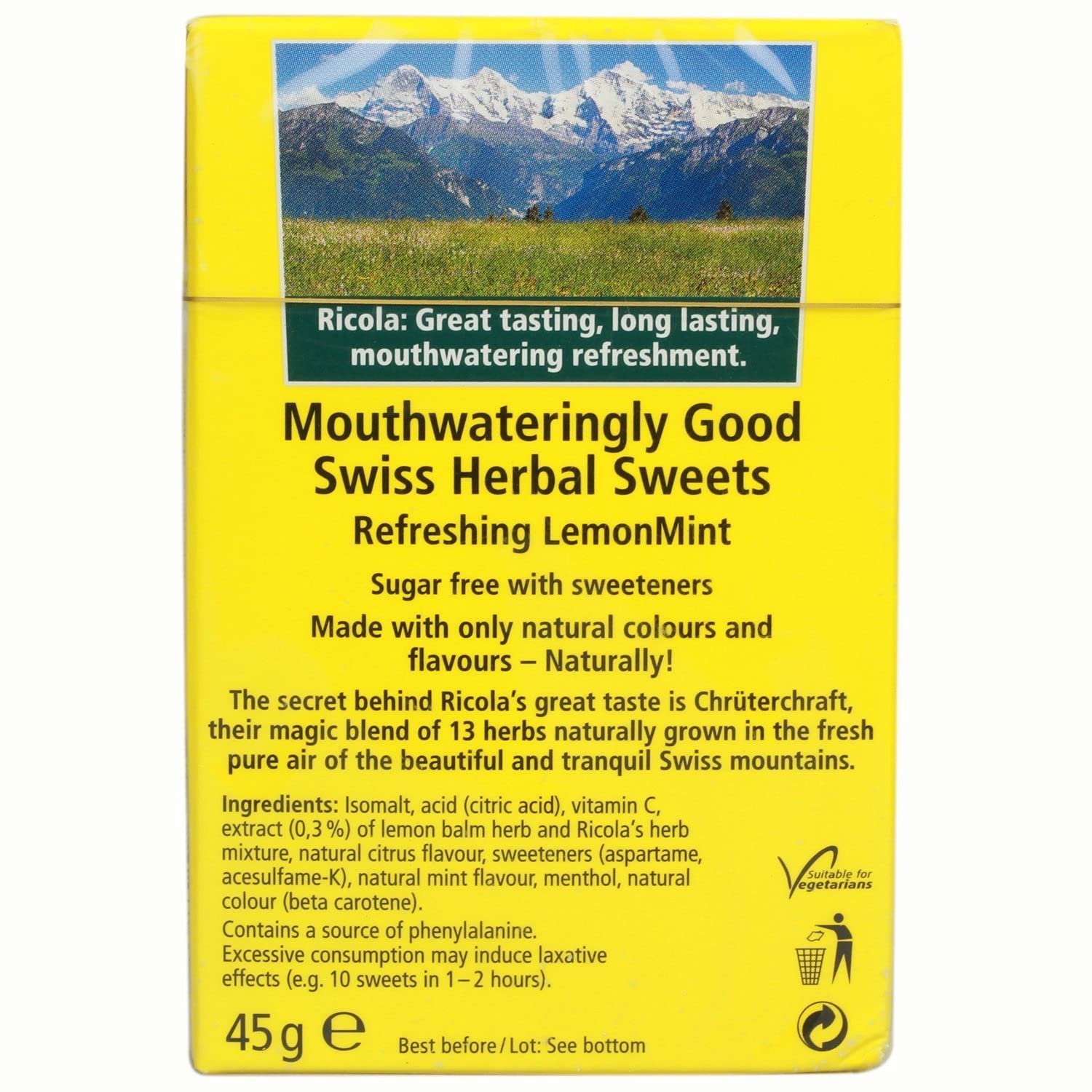 Lemon Mint Sugar Free with Stevia Swiss Herbal Sweets 45g - Ricola - Herbal sweets - Eco Natural Products