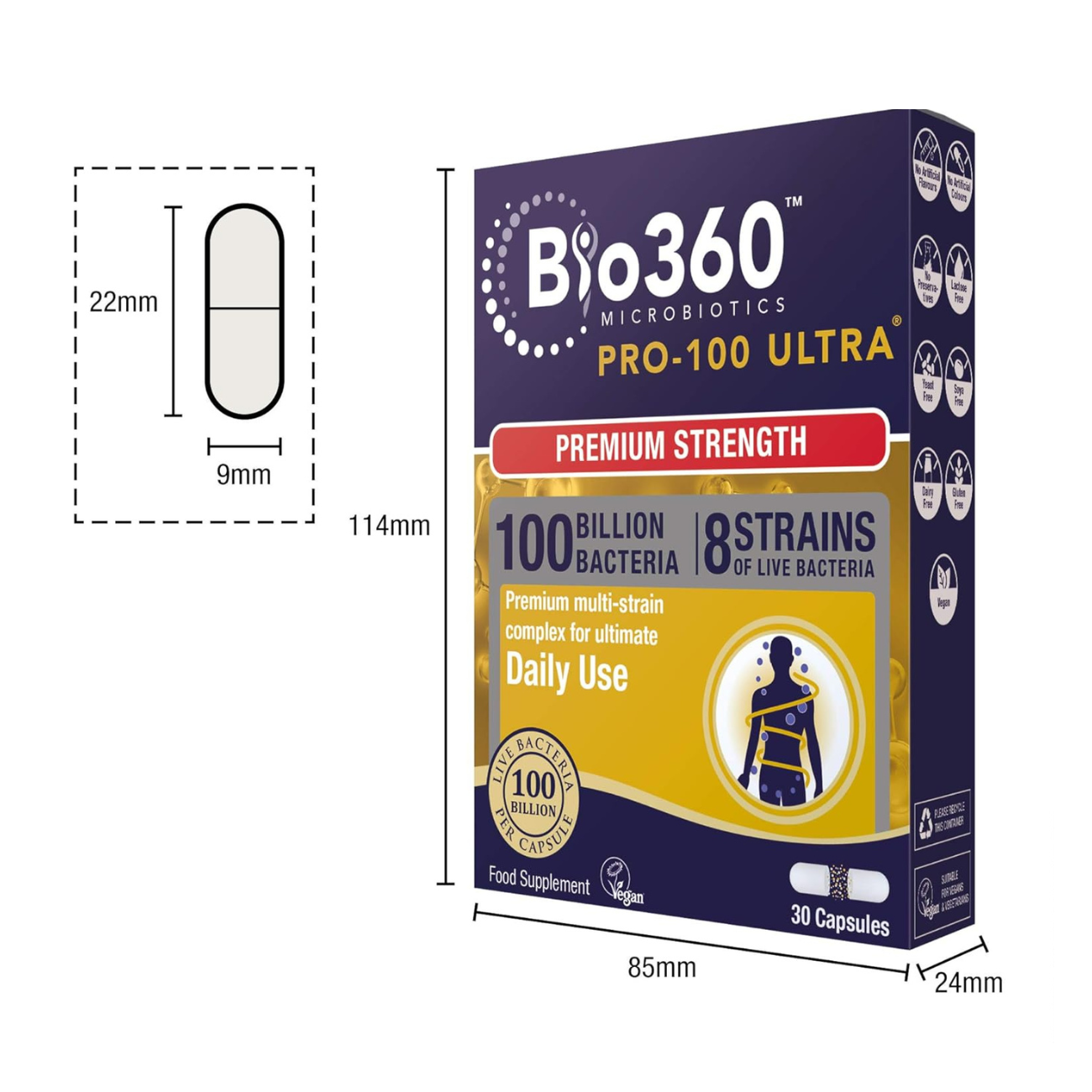 Pro 100 Ultra 100 Billion Bacteria 8 Strain Probiotics Complex 30 Capsules