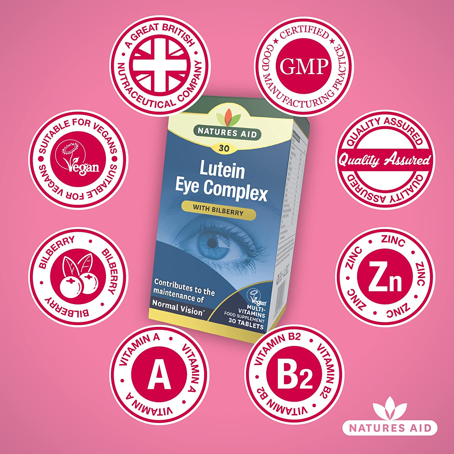 Lutein Eye Complex with Bilberry 30 Tablets - Eco Natural Products - Natures Aid - Vitamins & Supplements