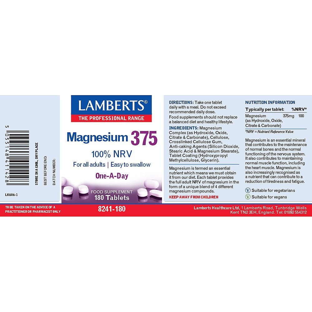 Magnesium 375 180 Tablets - Eco Natural Products - Lamberts - Food Supplement