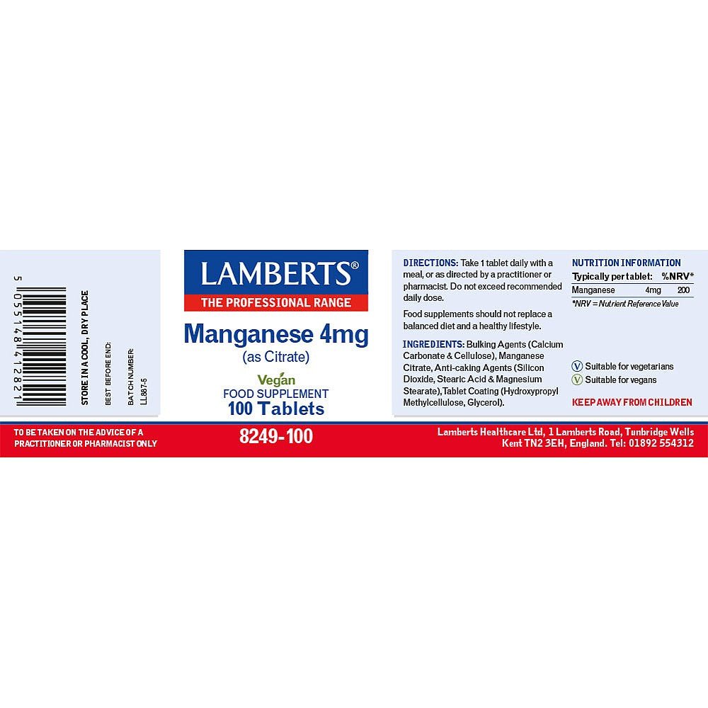 Manganese 4mg 100 Tablets - Lamberts - Food Supplement - Eco Natural Products