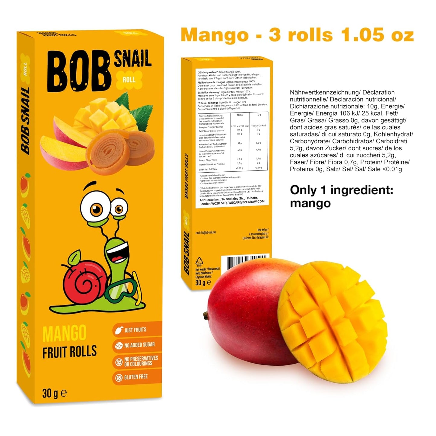 Mango Fruit Rolls 30g - Bob Snail - Fruit Snacks - Eco Natural Products