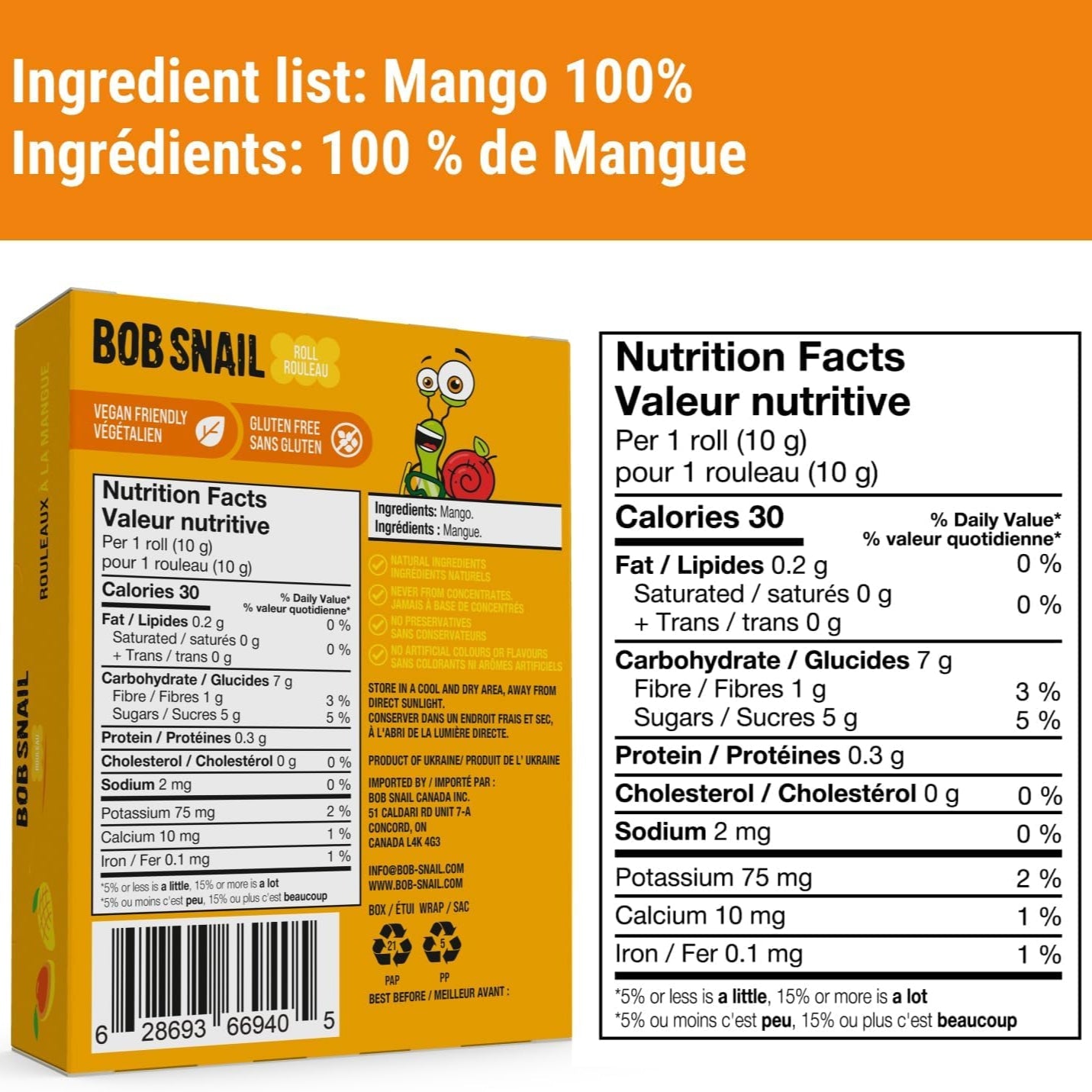 Mango No Added Sugar Fruit Rolls 100g - Bob Snail - Fruit Snacks - Eco Natural Products