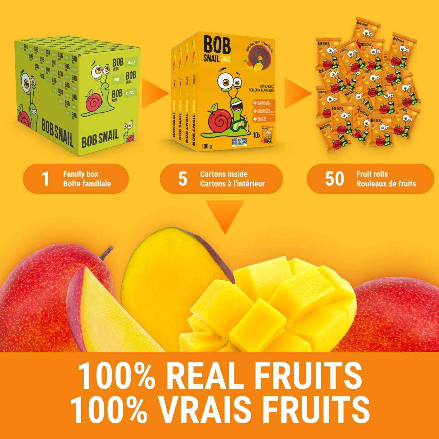 Mango No Added Sugar Fruit Rolls 100g - Bob Snail - Fruit Snacks - Eco Natural Products