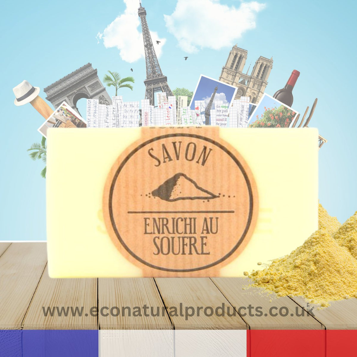 Bar of handcrafted Marseille sulphur soap with rustic texture on wooden background