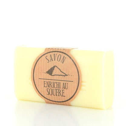 Angled side view of sulphur-enriched Marseille soap bar