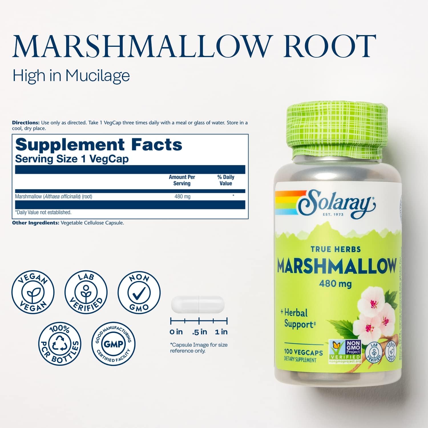 Marshmallow Root 480mg Supplement 100 Capsules - Eco Natural Products - Solaray - Botanical & Food Supplements