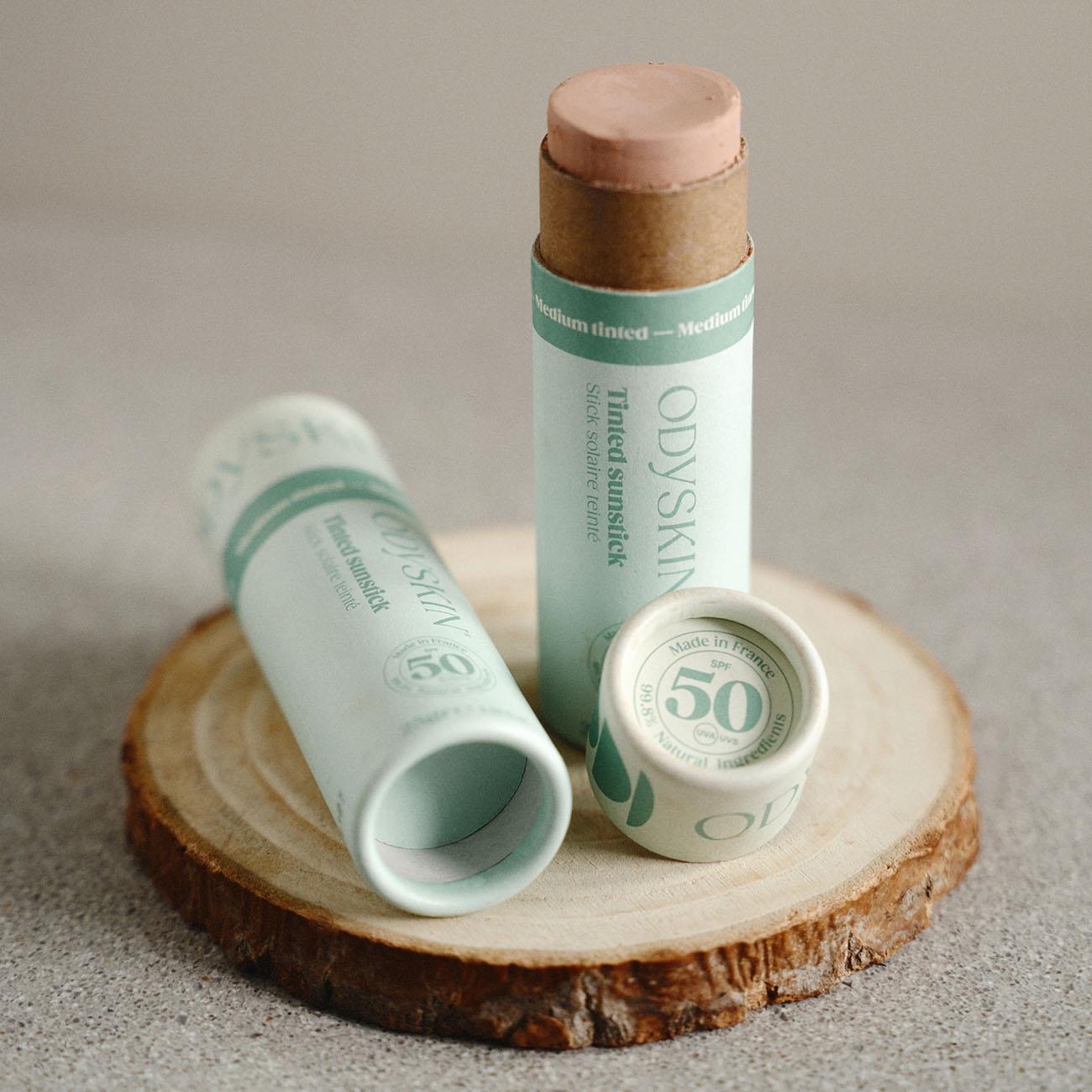 Opened Odyskin SPF50+ Medium Tinted mineral sunstick for face and body