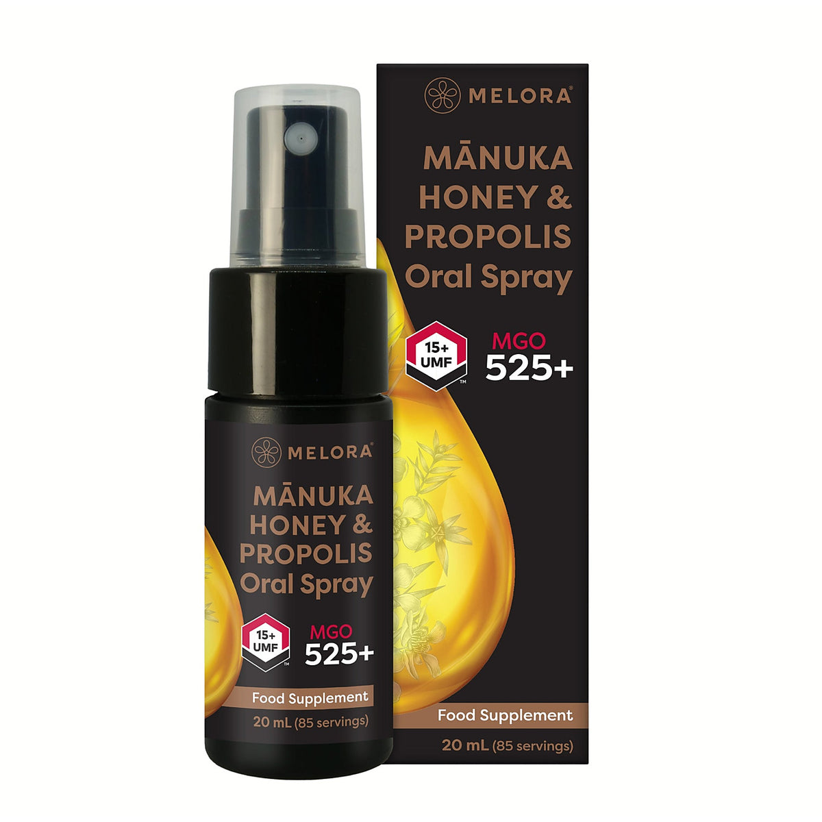Melora Manuka Honey & Propolis Oral Spray MGO 525+ 20ml bottle and box front