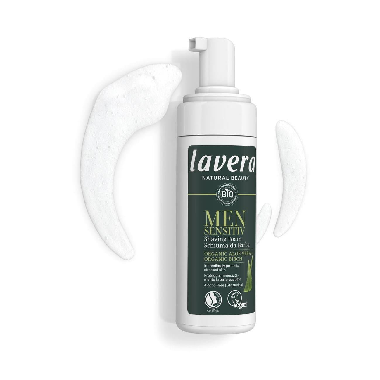 Lavera Men Sensitiv Gentle Shaving Foam 150ml bottle with foam texture